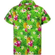 King Kameha Funky Hawaiihemd Kids Kinder Jungs, Kurzarm, Print Pineapple Flowers, Grün, 2 - 2 Jahre