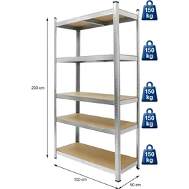 ECD Germany Schwerlastregal Metall 200x100x50 cm verzinkt grau 5 MDF-Platten