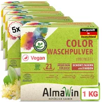 AlmaWin® Color Waschpulver [5x 1kg - 105 Ladungen] mit Lindenblüten-Duft für strahlende Reinheit – Öko Waschmittel Pulver Color anwendbar für 30-60°C – Veganes Bunt-Waschpulver