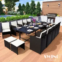 Swing&Harmonie Poly Rattan Sitzgruppe Esstisch Lounge Gartenmöbel Sitzgarnitur Set + 10x Stühle + 4x Hocker - schwarz - Schwarz