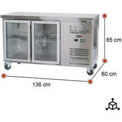 Romux® Kühltisch mit 2 Glastüren 136x60 cm mit Luftkühlung | Theken Kühlschrank aus Edelstahl mit Kapazität 228 L und Leistung 750 W