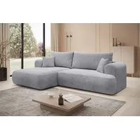 thematys Ecksofa mit Schlaffunktion und Bettkasten, L-Form, Cord und Bouclé + 2 Kissen, 260 x 165cm - Luxus Couch mit Bettfunktion mit Bonnellfedern grau