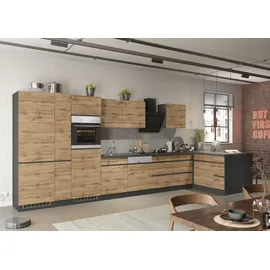 kochstation Winkelküche L-Form 490 x 153 cm beige