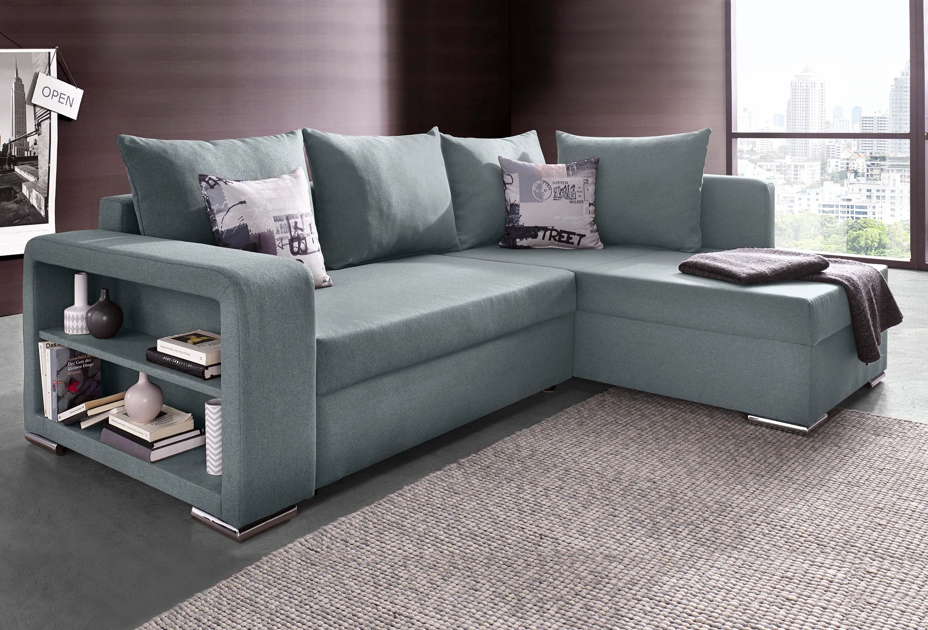 Ecksofa John mit Bettfunktion, Bettkasten und Regalarmteil COLLECTION AB grau