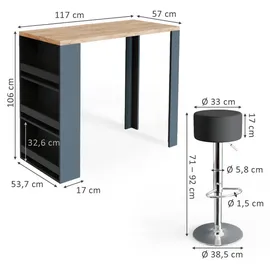 Vicco Bartisch Bartisch-Set, 117 x 57 cm mit 2 Barhockern