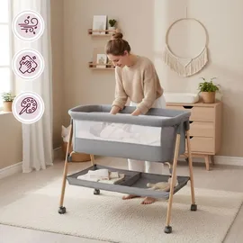 Moby-System Babybett freistehend & faltbar mit Matratze und Rollen – Moby-System Mili grau, 0–6 Monate,