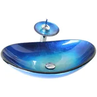 Homelava Modern Gehärtetes Glas Waschbecken mit Wasserfall Armatur Set (Blau 6)
