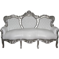 Casa Padrino Barock Sofa King Weiß/Silber Lederoptik - Möbel Wohnzimmer