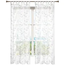 Woltu - Gardinen transparent Blumen Stickerei mit Schlaufen Leinen Optik(2 Stücke) grau 140x245 cm