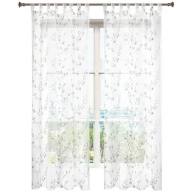 Woltu - Gardinen transparent Blumen Stickerei mit Schlaufen Leinen Optik(2 Stücke) grau 140x245 cm