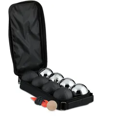 Relaxdays Boule Kugeln, 8 Metall-Kugeln, Set mit Zielkugel & Abstandsmesser, Tragetasche, Boccia Spiel, schwarz/silber