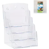 Relaxdays 4 x Prospekthalter A4 / DIN Lang, 4 Etagen, Acryl, Flyer Aufsteller Tisch / Wand, Hbt: 35x24,5x24cm, Transparent