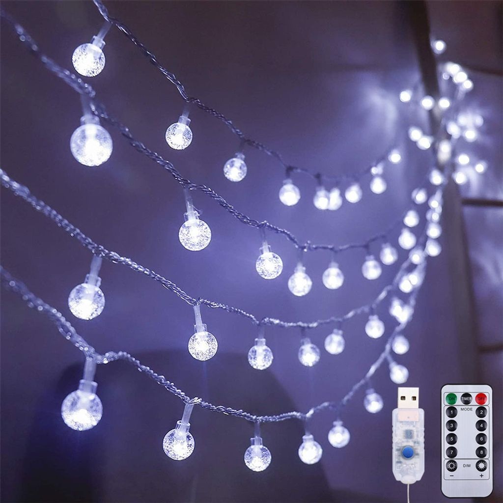5m LED Kristall Kugel Lichterkette 8 Lichtmodi USB mit Fernbedienung Party Weihnachten Deko, Weiß