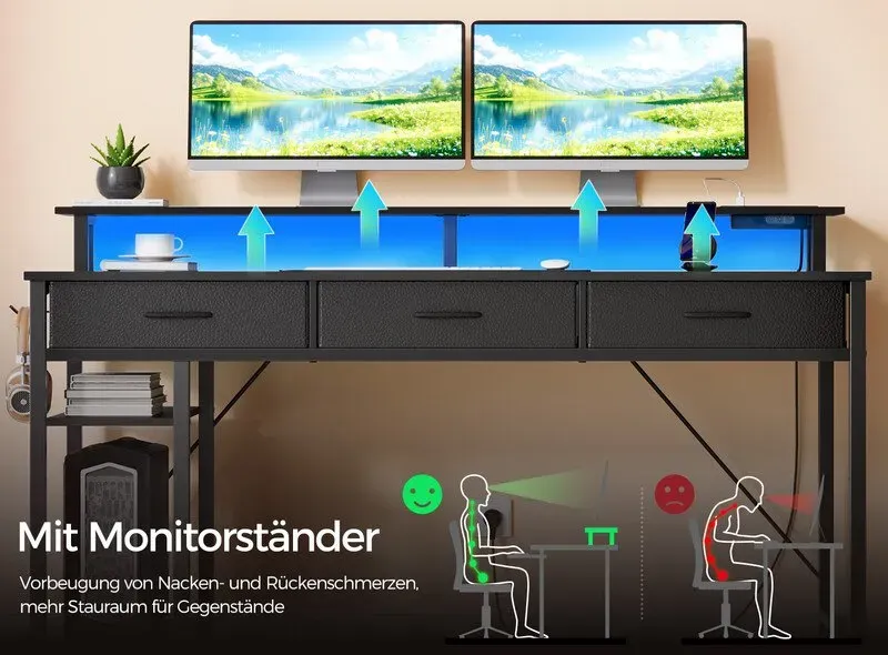 Computer-Schreibtisch mit USB-Anschlüssen, Stromanschlüssen, LED-Beleuchtung, Schubladen & Ablagefach, umkehrbarer Eck-Schreibtisch für Gamer mit Monitorablage & Stauraum für das Home-Office