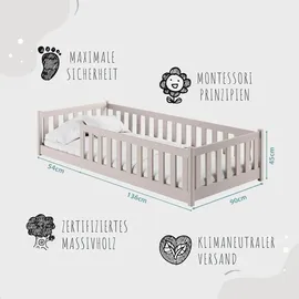 Kids Collective Kinderbett Bodenbett 90x190 cm Bett mit Rausfallschutz & Lattenrost Montessori Bett Bed Gitterbett Kinder Jugendbett Einzelbett mit Matratze Kaschmir Holz, massiv Junge Mädchen