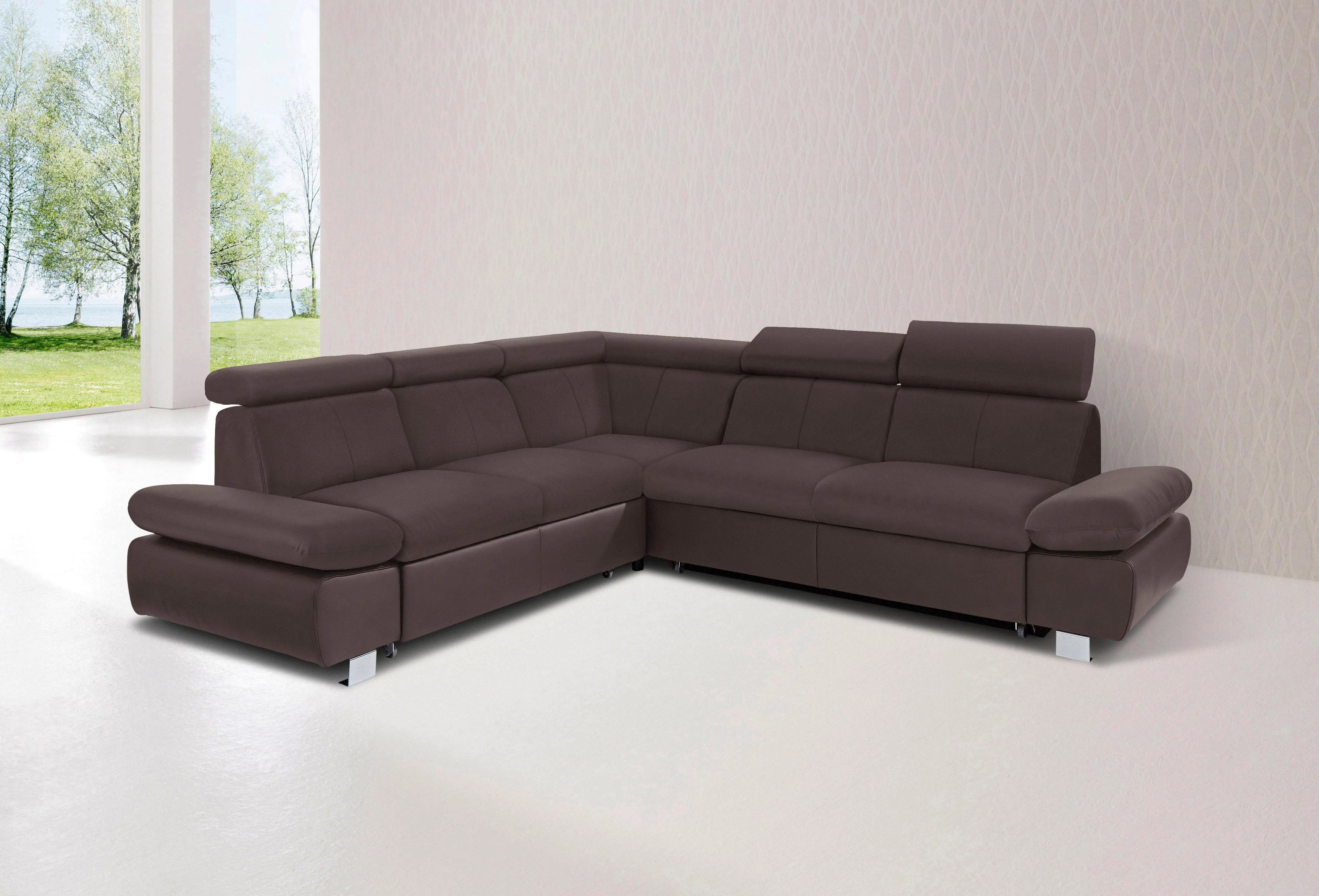 exxpo - sofa fashion Ecksofa »Happy, modern und bequem, L-Form«, inkl. Kopfteil- und Armlehnverstellung, wahlw. mit Bettfunktion, Leder exxpo - sofa fashion braun