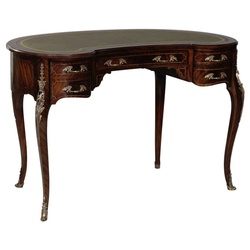 Casa Padrino Luxus Barock Schreibtisch Dunkelbraun / Silber / Grau / Gold - Handgefertigter Mahagoni Schreibtisch mit 5 Schubladen - Edle Barock Büro Möbel