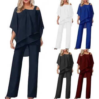 Damen Hosenanzüge Elegant Hochzeit Gäste Hosenanzug 2-teiliges Chiffon Formelles Outfit Übergröße Abschlussball Abend Zweiteiliger Hosenanzug Mutter der Braut Hosenanzug, #01 Navy, XL - XL
