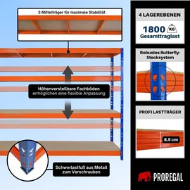 Proregal Schwerlastregal Metall 180x240x60cm Blau/Orange 4 Spanplatten-Ebenen 8mm Fachlast 450kg