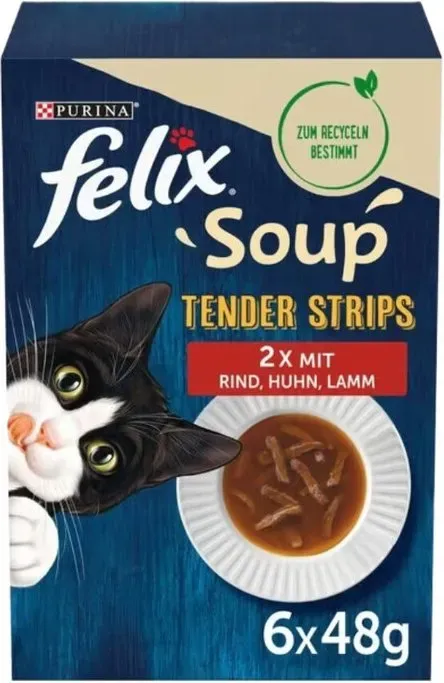 FELIX – Soup Tender Strips Vielfalt vom Land mit Rind, Huhn & Lamm 8x 6x 48g – Ergänzungsfuttermittel für ausgewachsene Katzen – Ohne künstliche Farb-, Konservierungs- und Aromastoffe