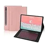 IVEOPPE Samsung Tab S8 Ultra Hülle mit Tastatur 2022, Tastatur für Galaxy Tab S8 Ultra 14.6", Magnetisch Abnehmbarer Tastatur Samsung S8 Ultra mit QWERTZ Layout Pencil Halter, Rosa