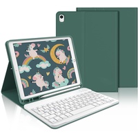 iPad 9 Generation Hülle mit Tastatur,iPad 10.2 Hülle mit Tastatur, iPad Pro 10 5 Zoll Tastatur a1709, Bluetooth QWERTZ iPad 9.Gen/8.Gen/7.Gen/ Air 3 2019 Weiss Tastatur mit Schutzhülle,Dunkelgrün