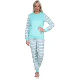 normann Geringelter Damen Frottee Schlafanzug Langarm Pyjama mit Eiskristall, Farbe:Mint, Größe:40-42 - 40-42