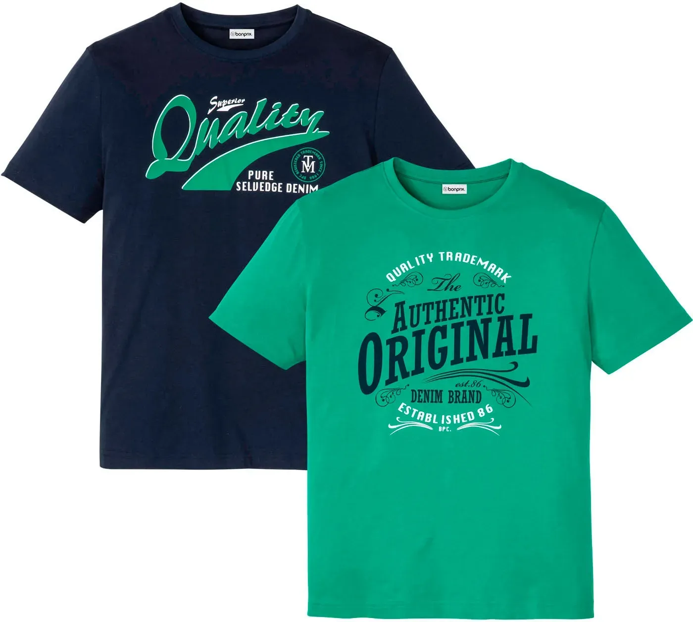 T-Shirt BONPRIX, Herren, Gr. 64 (3XL), grün (minzegrün, dunkelblau bedruckt), Jersey, Obermaterial: 100% Baumwolle, bedruckt, mehrfarbig, unifarben, regular fit hüftlang, Rundhals, Shirts T-Shirt, Regular Fit, Kurzarm-Design, aus Baumwolle, mit Frontdruck