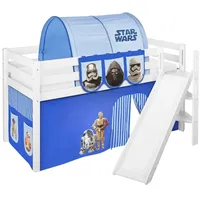 Spielbett JELLE 90 x 200 cm Star Wars Blau - Hochbett LILOKIDS - Weiß - mit schräger Rutsche und Vorhang - Weiß/Blau/Hellblau