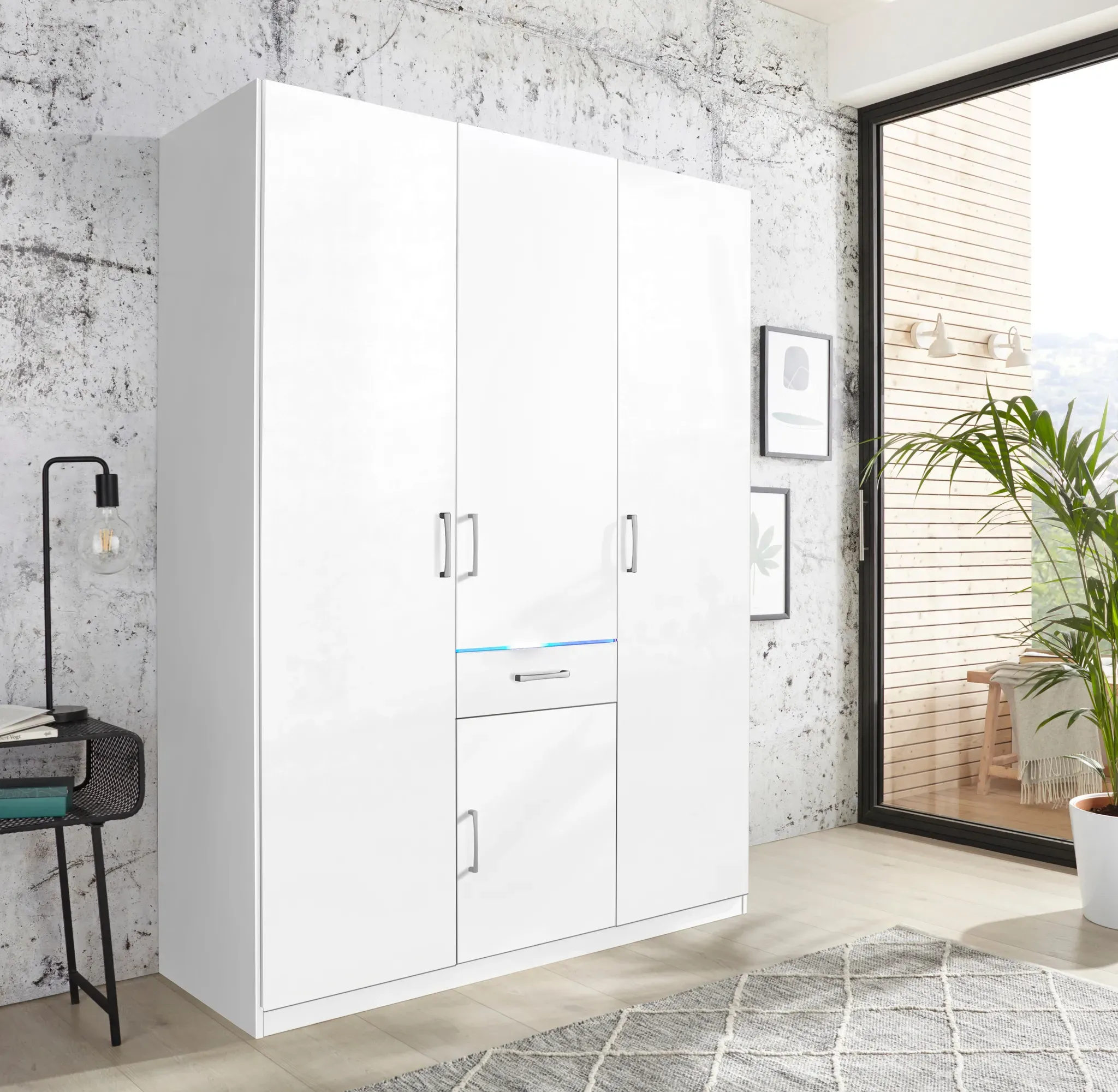 Kleiderschrank PRIESS, weiß (weiß, weiß hochglanz), B:140cm H:193cm T:55cm, Holzwerkstoff, Schränke, Kleiderschrank, wahlweise mit Kranzbeleuchtung