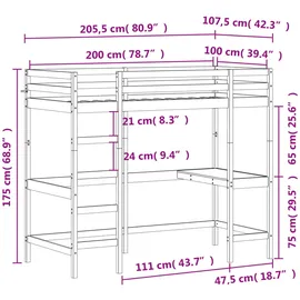 vidaXL Hochbett mit Schreibtisch Weiß 100x200 cm Massivholz Kiefer