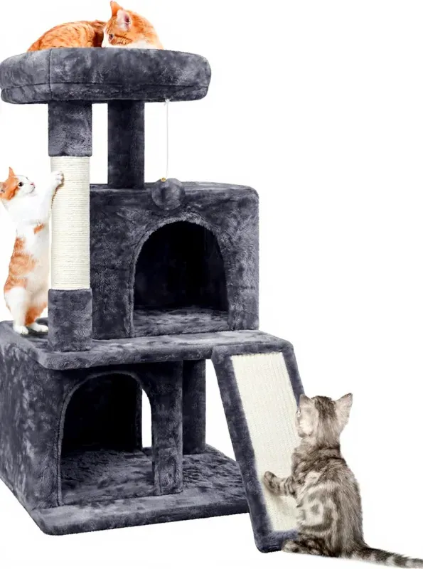 Yaheetech Kratzbaum, Stabiler Katzenbaum, 91 cm mit 2 Häusern, Sisal-Kratzstangen und Kuschelball, Kletterbaum für Katzen