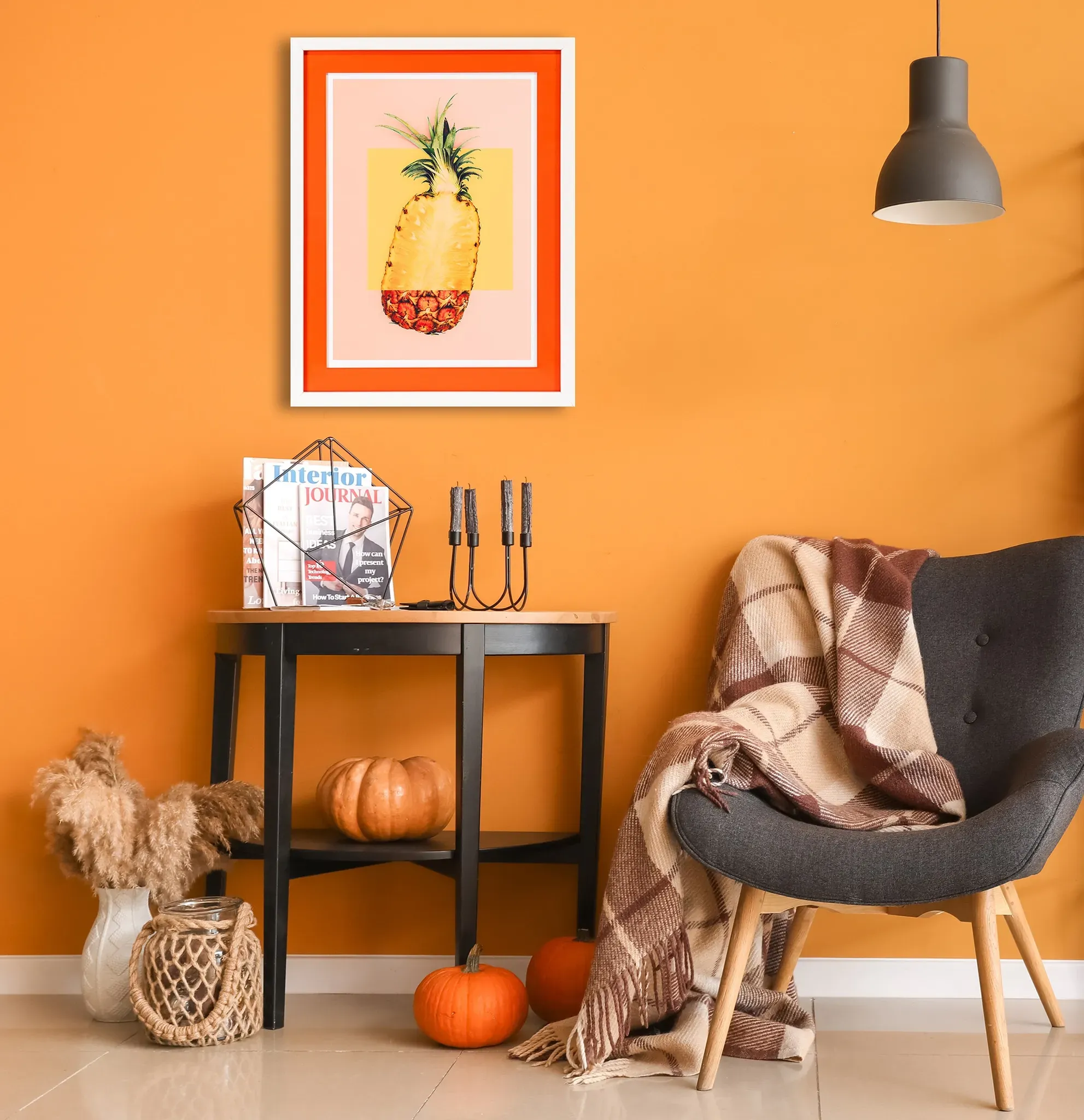 queence Bild mit Rahmen »Ananas, gelb, orange«, Ananas-Essen-Lebensmittel-Obst-Obst Bilder, (1 St.), Poster mit buntem Acrylglas Passepartout queence weiß