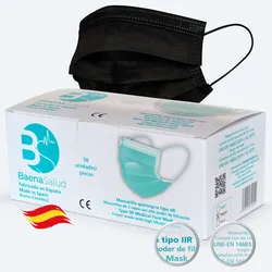 Baena Salud 50 Einweg-Schutzmasken chirurgisch, Typ IIR, in schwarzer Farbe, Filtration (BFE) 98%, hergestellt in Spanien