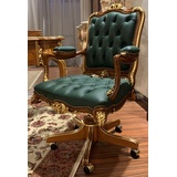 Casa Padrino Luxus Barock Bürostuhl Grün / Braun / Gold 70 x 57 x H. 108 cm - Prunkvoller handgefertigter Massivholz Schreibtischstuhl mit Echtleder - Barock Büromöbel - Luxus Qualität