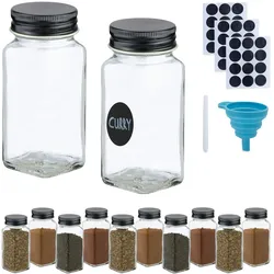 Relaxdays Gewürzgläser 12er Set, Streueinsatz, Gewürzdosen Glas, 120 ml, mit Etiketten & Trichter, transparent/schwarz