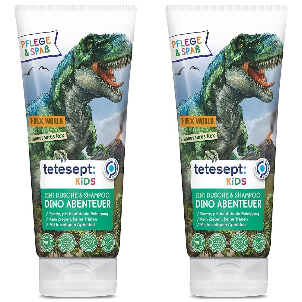 tetesept 2 in 1 Kinder Shampoo und Duschgel T-Rex-World – pH-hautneutrales Kinder Duschgel mit Panthenol – Pflegedusche mit Apfelduft – 1 x 200 ml (Packung mit 2)