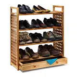 Relaxdays Schuhregal Walnuss mit Schublade 4 Böden für 12 Paar Holz Schuhschrank natur