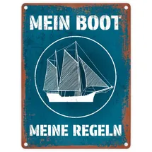 speecheese Mein Boot meine Regeln Metallschild in 15x20 cm mit Rostoptik in blau Blechschild im Used Look Geschenk für Bootsbesitzer und Segler die ihre Wohnung oder das Schiff verzieren
