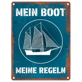speecheese Mein Boot meine Regeln Metallschild in 15x20 cm mit Rostoptik in blau Blechschild im Used Look Geschenk für Bootsbesitzer und Segler die ihre Wohnung oder das Schiff verzieren