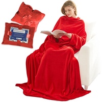 Wohndecke Kuscheldecke mit Ärmeln und Taschen, Geschenk für Frauen und Männer, Lucadeau, als Geschenk in einer schönen Stofftasche mit Grußkarte (150x200cm) rot
