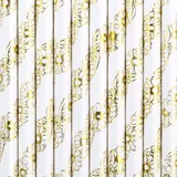 Papierstrohhalme mit Blumen 10er Set 19cm Trinkhalme - Einweg Cocktail Strohhalme - Getränke Deko Partyzubehör - Weiß Gold