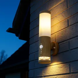 GLOBO Aussenleuchte Außenlampe Bewegungsmelder Edelstahl mit Bewegungsmelder Wandlampe Aussen Edelstahl, Holz Optik mit Deko Led, 1x E27, Bxh 8,5 x 35 cm