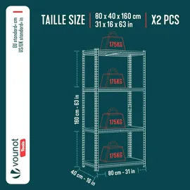 VOUNOT VOUNOT® Schwerlastregal 2er Set, Regal Lagerregal Kellerregal, 80x40x160cm, 4 Böden