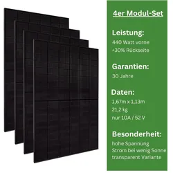 4x 440+ Watt Premium Hochleistungsmodul – Doppelglas transparent Variante zur Stromerzeugung von beiden Seiten (bifazial)