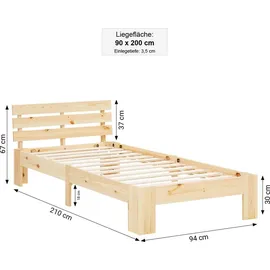 Homestyle4u Bett mit Lattenrost Holz Natur Holzbett 90x200 Einzelbett 90 x 200 cm Massivholzbett 90x200 Kiefer –
