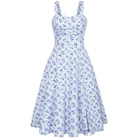 Damen Blumenkleid Sommer A-Linie Spaghetti Sommerkleid Midi Rockabilly Cocktailkleid Strand Weiß S - S