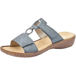 Pantolette RIEKER, Damen, Gr. 40, blau (jeansblau), Lederimitat, unifarben, klassisch, Schuhe, Keilabsatz, Sommerschuh, Schlappen mit Schmuckring