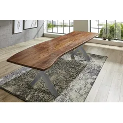 SAM® Esstisch Baumkante massiv Akazie nussbaum 280 x 100 X-Gestell silber XAVER