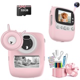 Kinderkamera, 30MP 1080P Sofortbildkamera Kinder Drucken Schwarzweiß Foto mit 2,4 Zoll Bildschirm, Digitalkamera Kinder mit 32GB TF-Karte, 6 Farben Pinselstift, Dual Kamera, Geschenk für Kinder, Rosa